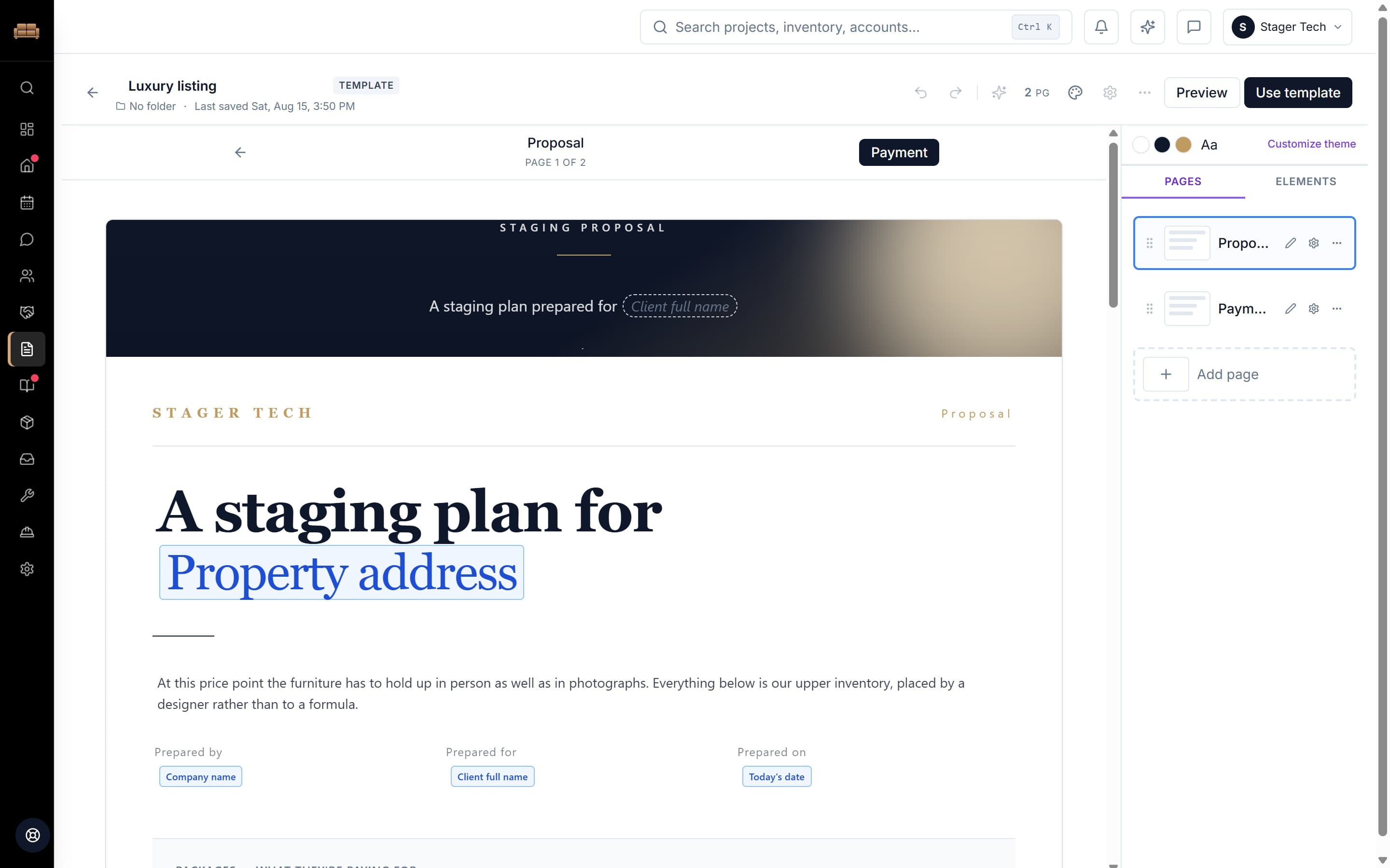 The template editor for "Luxury listing", showing page 1 of 2. The document opens with a full-bleed photo cover reading "Staging proposal" over "A staging plan prepared for" and a Client full name chip, followed by the STAGER TECH masthead and an editable headline. Page tabs across the top read Proposal and Payment, and the header shows a 2 PG count beside undo, redo, theme colours, Preview and Use template. A right rail carries Pages and Elements tabs.